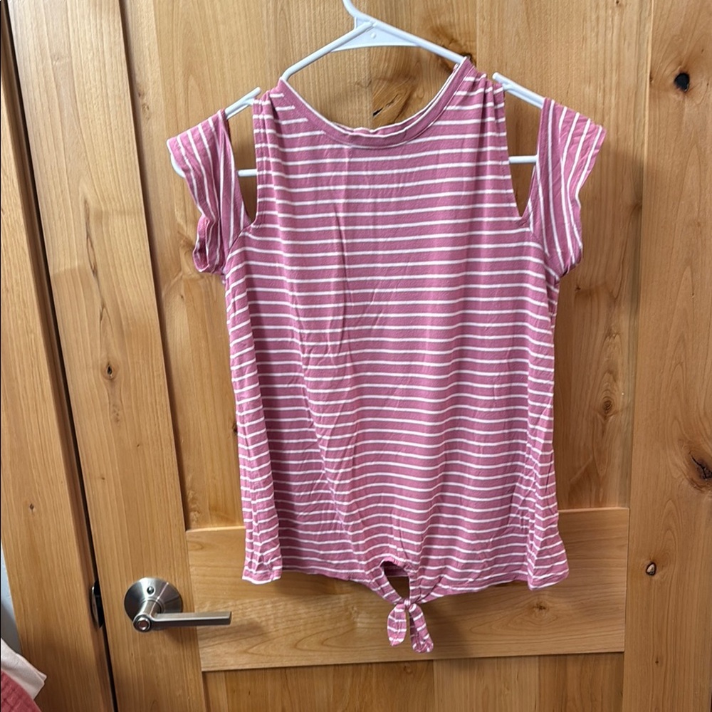 Kids Pink and White Cap Sleeve T-Shirt with Tie Front